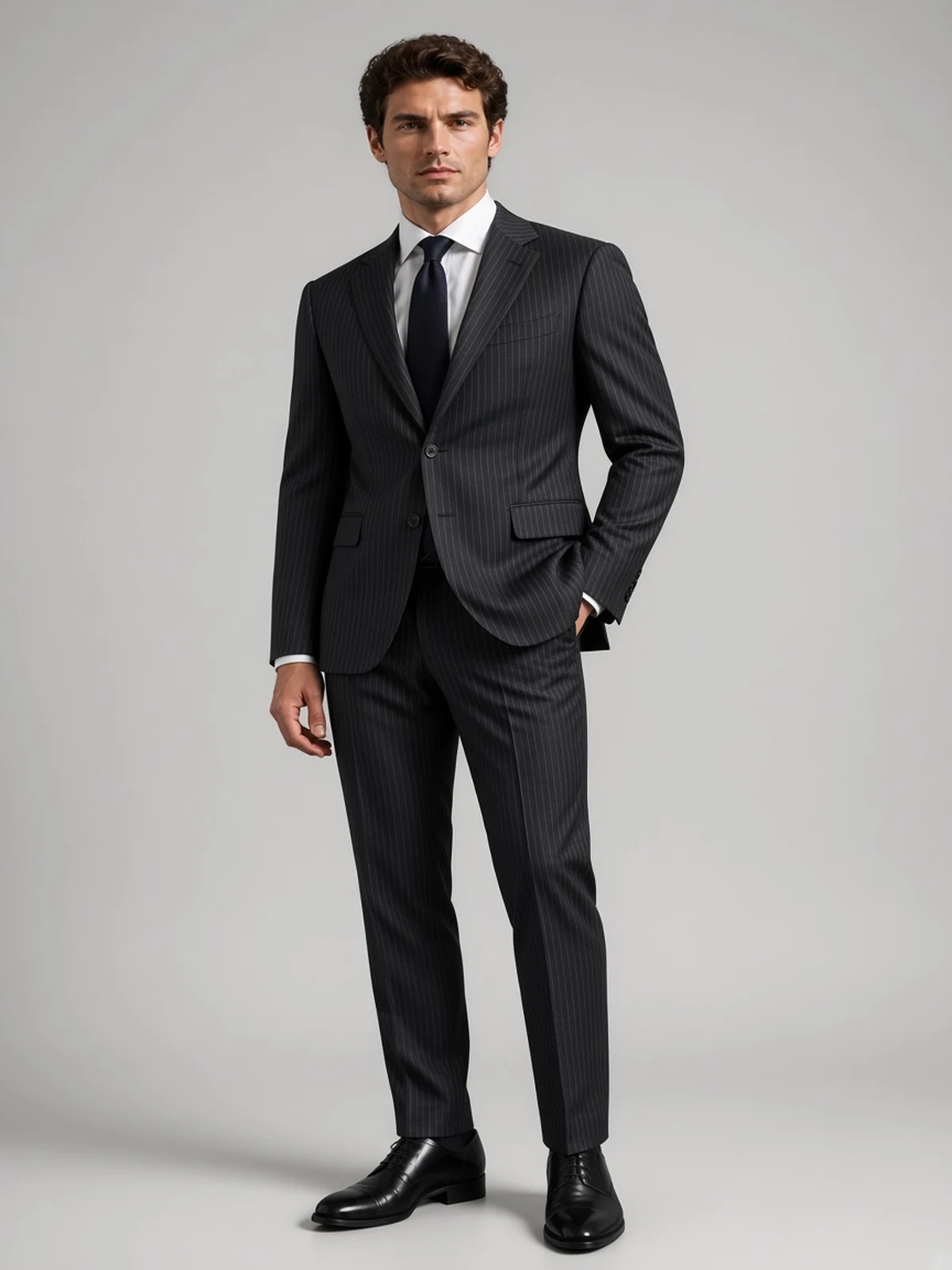 Cerruti Super 130's — modrý prúžok — prémiový oblek na mieru
