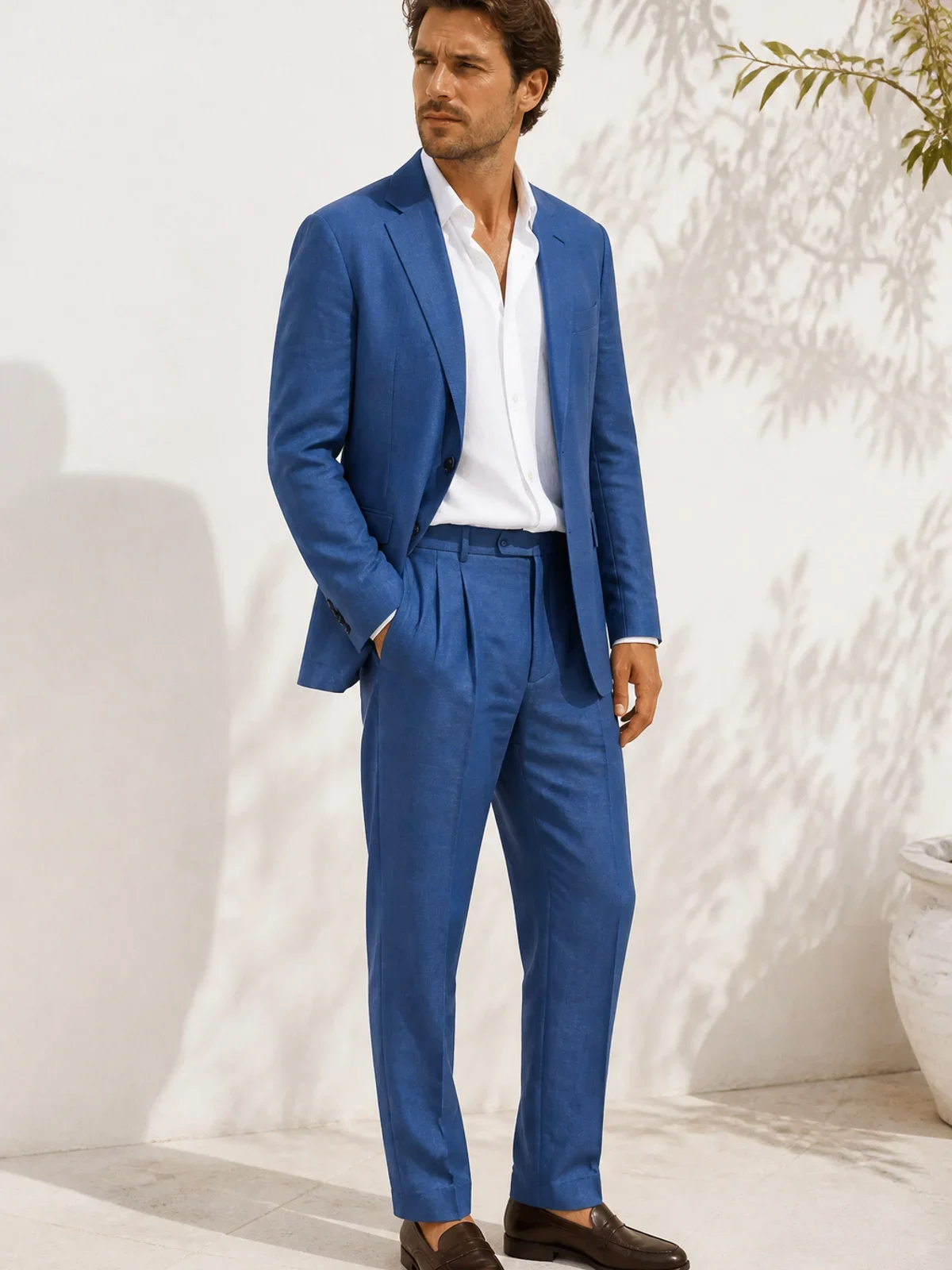 Royal blue ľan — letný oblek — prémiový oblek na mieru