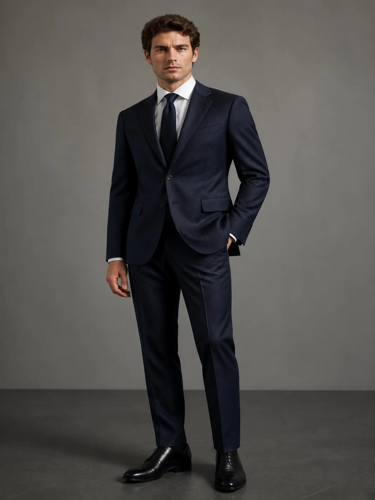 Scabal Super 130's — tmavomodrý prúžok — prémiový oblek na mieru
