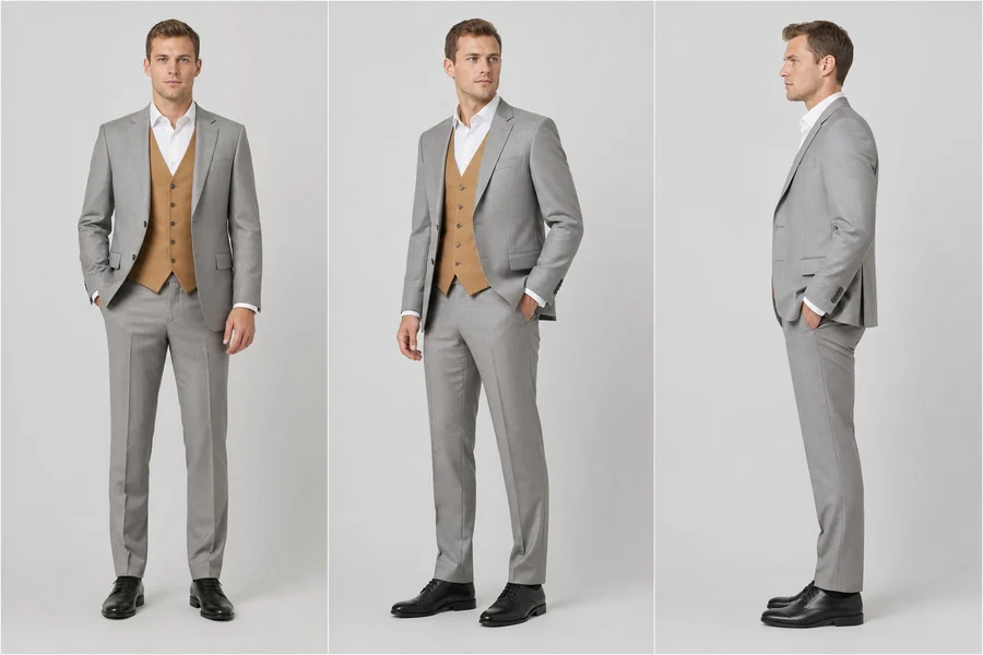 Perleťové Lugáno s ťavou vestou — kontrastný svadobný outfit